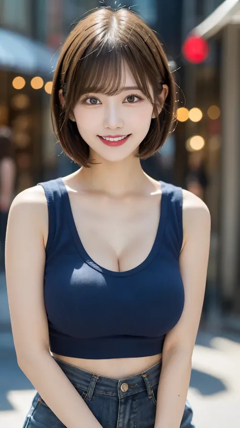  Shopping Street : ((tight navy blue sleeveless shirt)), denim shorts ,  top quality, shape, 非常に Details,  Details,  high definition , 8k wallpaper,   perfect dynamic composition  , beautiful details,   natural lips, Tight Sleeveless T Shirt ,  nipples vis...