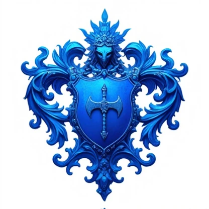 Royal family crest, blue color with axe and shield in middle, royal crest, unique, white background