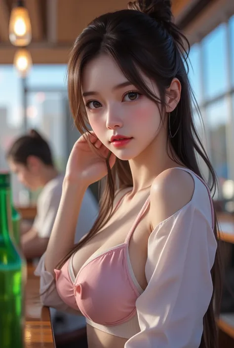 Realistic high-definition photography, 
Side views, face to camera, 
Young female, cute Japanese idol,
soft makeup, high nose, very long twist updo hair, 
Glowing beautiful white skin, athletic body, 
Cup-A small breasts wearing pretty brassiere and shirt,...