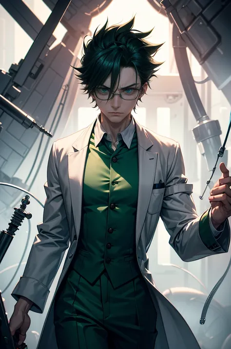 1 man, MALE, MAD SCIENTIST, solo androgynous male, soft delicate features, beautiful, fully clothed in a lab scientist attire, huge penis bulge on pants, opening his lab coat, slicked dark green hair, pale, green eyes, glasses, focused expression, in a sca...