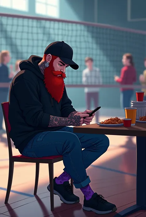 "A social gathering taking place in an indoor gymnasium with a calm and hazy ambiance. In the foreground, a man with a long red beard, tattoos, and ear gauges sits casually on a chair. He is wearing a black cap, a black hoodie, blue jeans, and patterned pu...