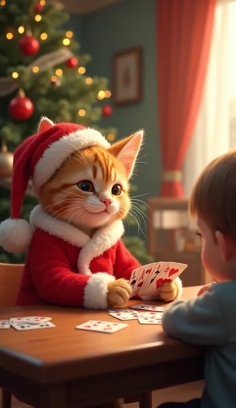  in a room decorated with a Christmas tree {x} a cute cat wearing an anthropomorphic Santa Claus costume
、 playing cards with ren 、子供とトランプしている