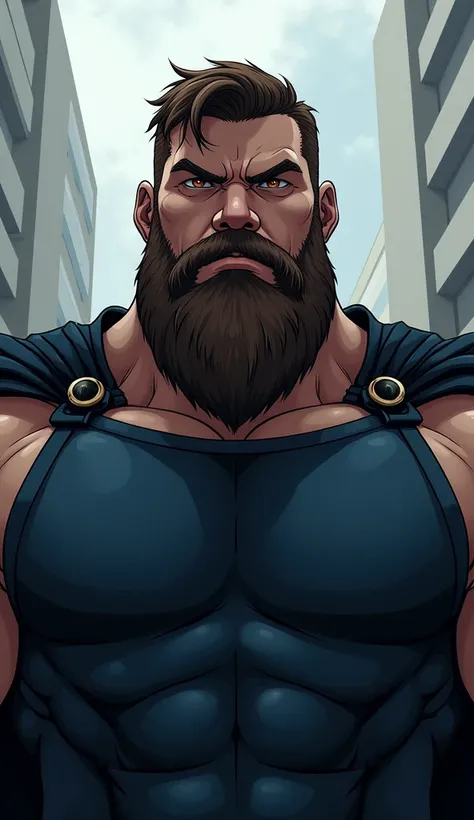 Solo, short Hair, Scowl, Brown Hair, serious, Furrowed Brow, POV from below, huge, muscular, bara, extra wide shoulders, superhero, black cape, dark blue uniform, extra large biceps, tanktop, long beard, white skin, handsome, intimidating, powerful, omnipo...