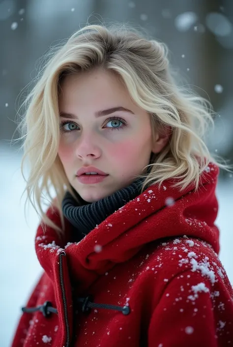 Beautiful cold 20 year old blonde girl,  with short hair  (hair covering his left eye ) black pants and red blushed winter cape and heart-eyed look 