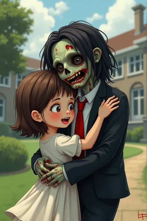  Create an image with the following characteristics : Human girl with short brown hair , chubby,  in a white dress with sleeves hugging a zombie boy with long black hair with a bloody face and rotten teeth who wears an elegant black suit with a red tie, bo...