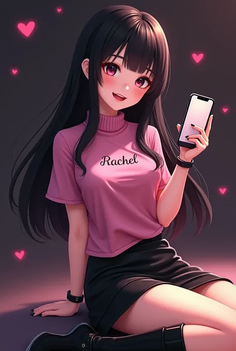  with long black hair beautiful smile small eyes with a pink t-shirt with the name Rachel on her chest in black with a turtleneck and short sleeves with a black leather skirt and knee-length black leather boots sitting with legs crossed one on top of the o...