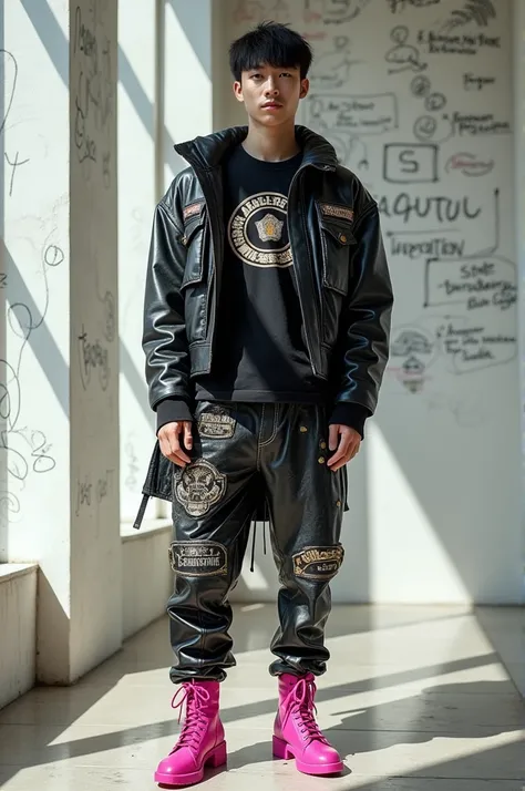  Full distance Asian guy indonesian sundae 27 years old short haired metal fast sweet macho.  Wears black metal t-shirt , mwmakai metal jacket ,  wears metal pants and wears pink high heels .  full medium metal style in front of a clean wall colored scribb...