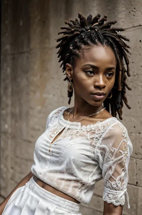 1 African woman, 30 years old, Pretty face, dreadlocks, Hyperrealistic,  Ultra detailed face and body,  realistic depiction , wears a white top and a white skirt