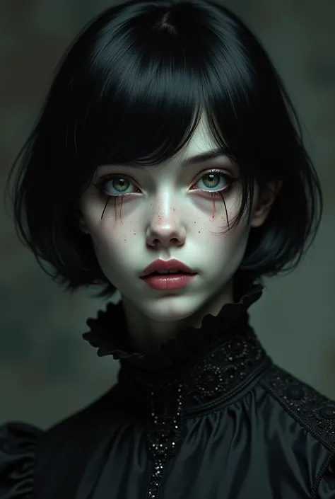 A woman with short black hair.  Of white skin with small, torn eyes. Who wears gothic clothing .  Has a tender face 