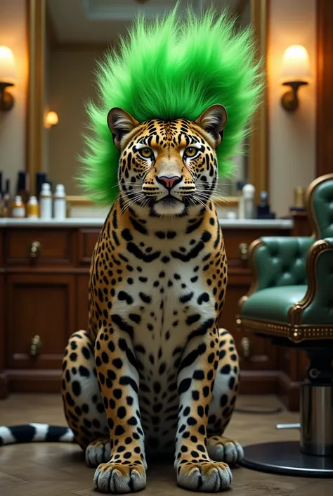 Leopard sitting in beauty parlour and green colour hair like iguana on his head 