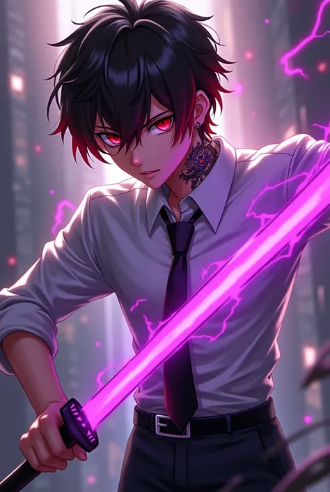 Anime Draw Handsome Guy Teen Hair Red Black,red eyes , white shirt shirt , black tie , wielding a purple electric sword , posing like a villain, dragon tattoo on his neck is black