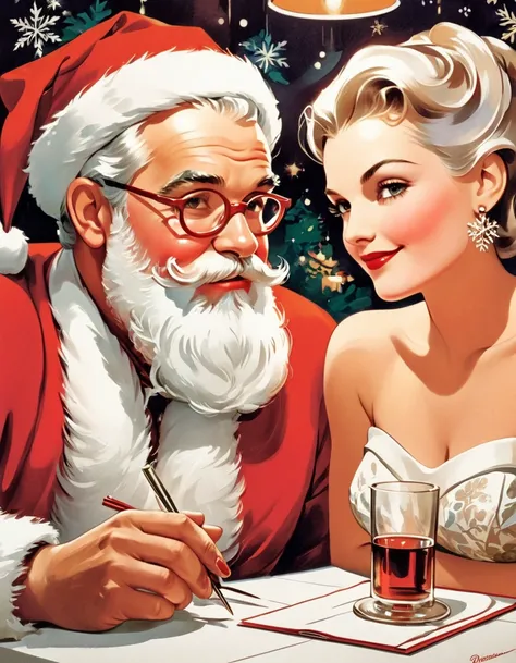 Close-up of Santa Claus and a woman sitting opposite each other at a table, intimacy, Intimate closeness, Chic colors. vector Art, Christmas Background, Stamp Art. Inspired by Jan Zrzavý art, by Robert Peak, by Leonard Long, by Paul Mavrides. Retro vibes d...