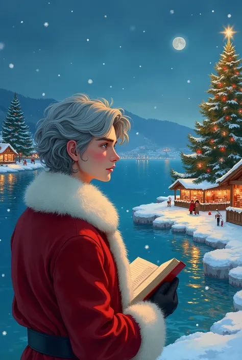 One beautiful young man, solo,  back view,  in the creek and looking at me, wavy gray hair,  blue eyes, Dressed as Santa Claus, I have 1 book, Christmas scenery, Overlooking, sea,  Illuminations,  Christmas tree,  Christmas Markets,  high image quality,  d...