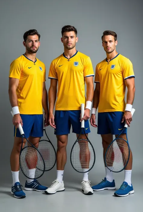 Three Handsome Åland Islands Guys, Athlete, Tennis Player, Photoshoot, at grey studio background, holding a Racket, ultra hd, detailed face, detailed skin, detailed hair, highly detailed, wear Åland Islands official Yellow and Blue Tennis jersey, Standing ...