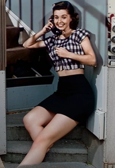 arafed woman sitting on a step talking on a cell phone, nude, legs spread, open pussy, relaxed, 50s style infomercial, 1 9 5 0 s style, smile 1950s, 50s style, 5 0 s style, girl making a phone call, early screen test, retro 5 0 s style, vintage footage, ce...