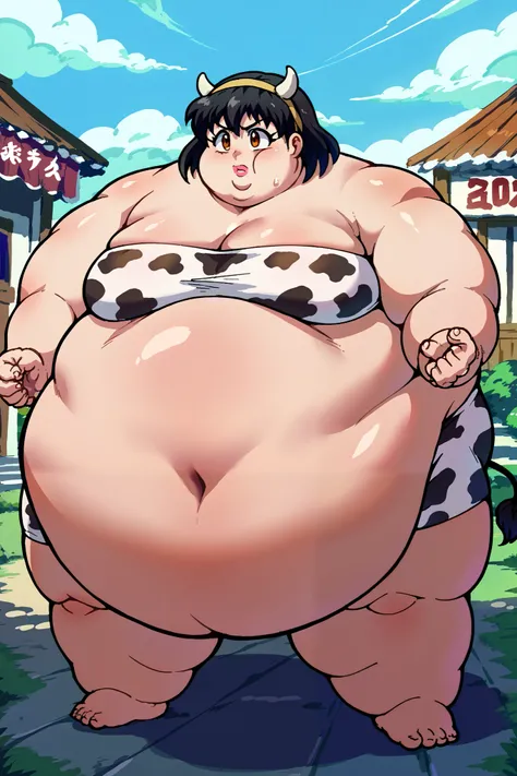 Girl becoming a monster, becoming a troll, fat, chubby, obese, cow print tube top, cow horns, cow tail, source_anime BREAK inueri, 1girl, solo, brown eyes, black hair, medium hair, bangs, yellow hairband, big ears, big nose, big lips, 900 pounds, 10 ft tal...