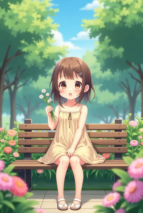 Create a cute anime-style girl sitting on a bench in a park, surrounded by blooming flowers. She is wearing a light dress and holding a small bouquet. The background includes trees and flower beds."