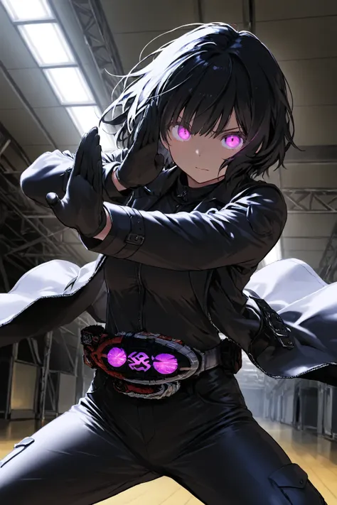 score_7_up,score_6_up,score_5_up,masterpiece , Very high quality , 8k , Detailed Images , 1girl , ((belt)) , High resolution, masterpiece, accurate, Anatomically correct, Illustration,Purple glowing eyes,Combat pose , Barehanded,The right half of the face ...