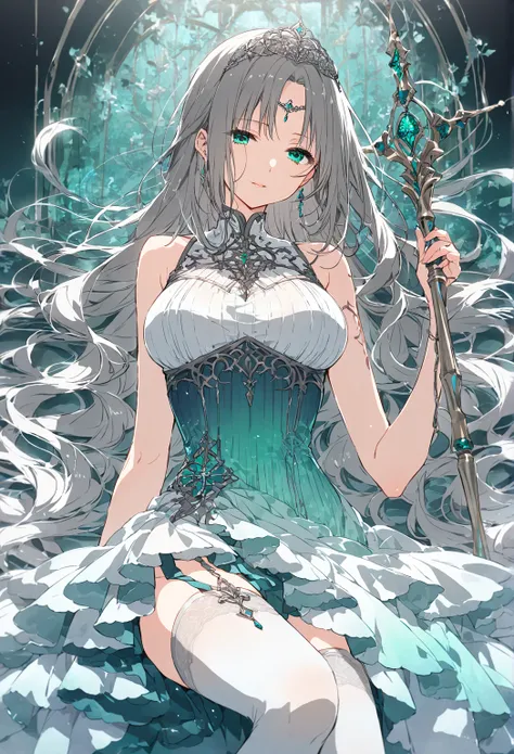 A mature woman ((milf)) with a calm expression, and elegant beauty. Looking at the viewer. She has long, layered hair in an ashy cerulean shade, slightly reflective, with delicate strands. Secured by a unique staff-shaped pin. The rest flows loosely to her...