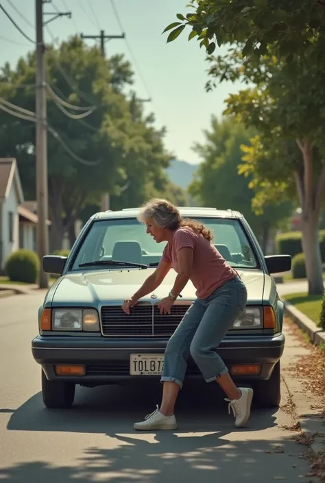 Lady pushes her old car because she doesnt want to start