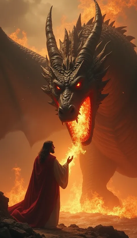 Jesus,  with a look full of calm and divine power ,  he finds himself in front of an imposing dragon that breathes fire and deafening roars. While everyone watches with fear , Jesus extiende su mano con gentileza y el dragón se postra ante Él,  their anger...