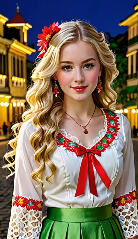  Here is a prompt description based on the picture you uploaded :

" A young woman with wavy long blonde hair ,  wearing a brightly colored traditional outfit with a red flower embroidery motif on the top , White lace ,  and a colorful skirt with a bright ...