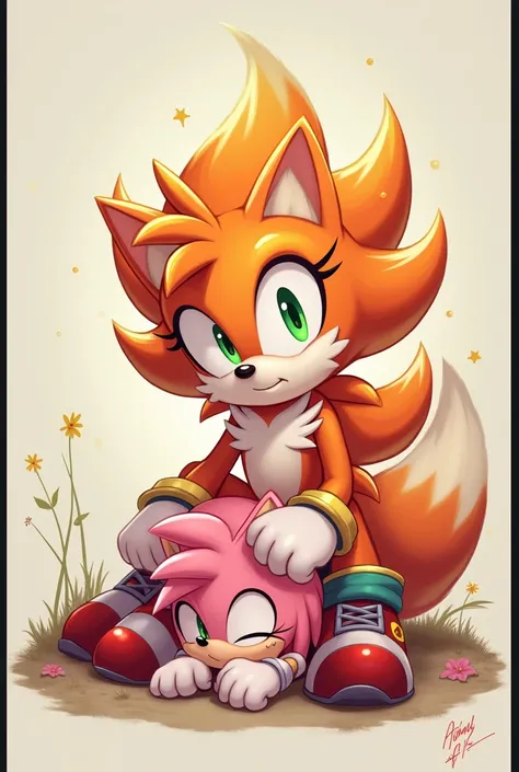 Sonic the hedgehog blaze the cat is sitting on her shrunken girlfriend Amy Rose