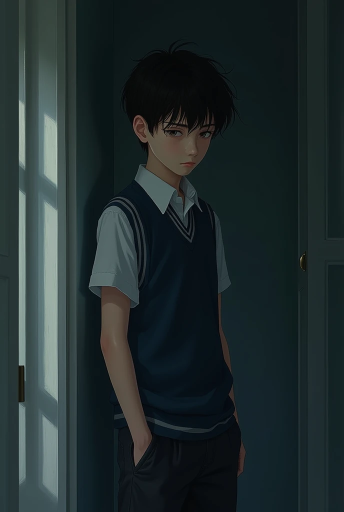  to create a photo suitable for a short story with a caption "shadow the shadow of the past " but use a character illustration of a boy in a high school uniform 