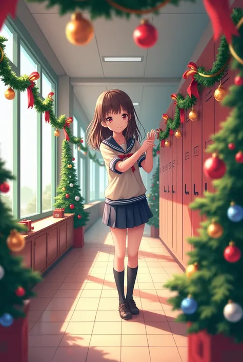 anime beautiful high school girl decorating school hallway at christmas