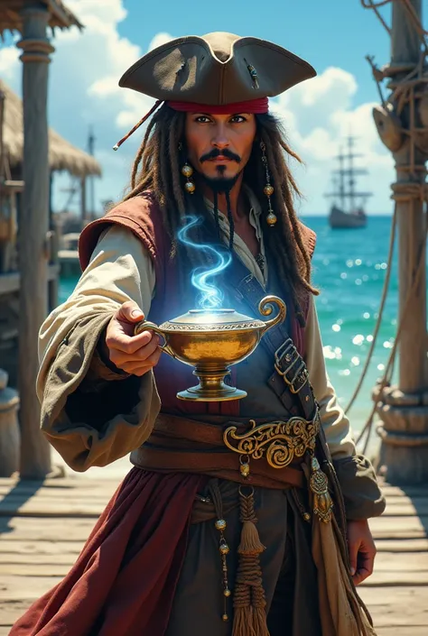 Captain Jack Sparrow from Pirates of the Caribbean in hyperrealism and with the Aladdin lamp in his hand and the genie coming out of the lamp 