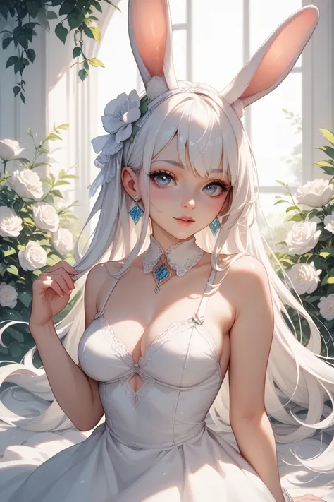 Rabbit ears, female, medium breasts white hair Dress neatly