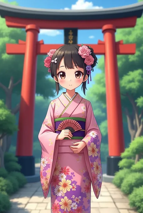 a cute anime-style girl wearing a traditional Japanese kimono with floral patterns. She is standing near a torii gate and holding a small fan."