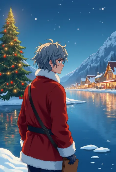 One beautiful young man, solo,  Japanese,  back view,  in the creek and looking at me, wavy gray hair,  blue eyes, Dressed as Santa Claus, I have 1 book, Christmas scenery, Overlooking, sea,  Illuminations,  Christmas tree,  Christmas Markets,  high image ...