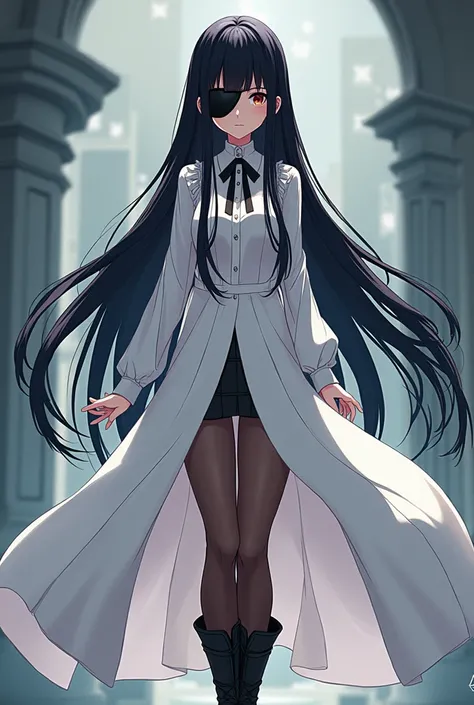  Tall woman,  long straight hair to the ankles with jet-colored bangs, a black patch on the left eye, eyes black color,  long sleeve knee enzyme dress white color , shiny black leather boots , brown tights ,  anime style One piece . 