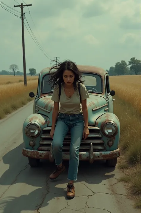 Teenage girl tries to start the old car by pushing it down the road