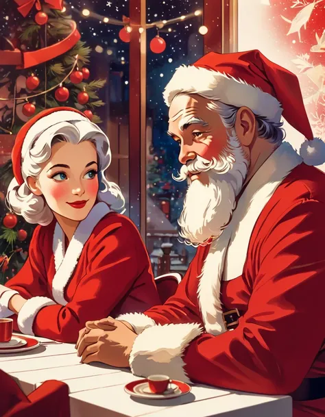 Close-up of Santa Claus and a woman sitting opposite each other at a table, intimacy, Intimate closeness, Chic colors. vector Art, Christmas Background, Stamp Art. Inspired by Jan Zrzavý art, by Robert Peak, by Leonard Long, by Paul Mavrides. Retro vibes d...