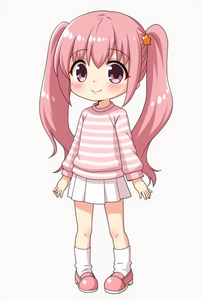 very cute and (Beautiful teenage girl from anime chibi ), Alone,  simple background ,  Beautiful twin tails *rosa*  long hair ,  detailed bonita * light pink striped white shirt with a short white miniskirt, with light pink shoes , whole body, standing,  h...