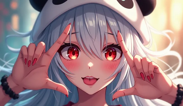 anime girl, tongue out, scar on eye, bright red eyes and white hair,  real、 imaginary、 long hair、 panda 、Im wearing a panda hat、Hands next to face、ポーズ