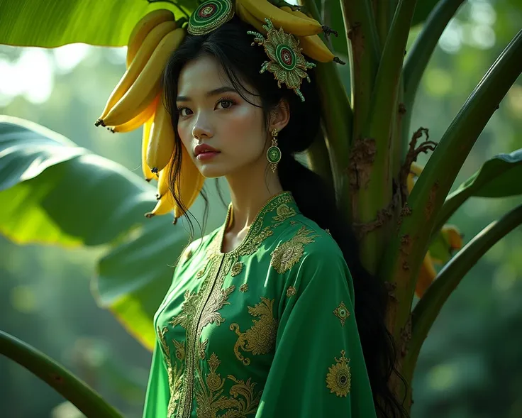 A PHANTOM TANI WHO LIVES IN A BANANA TREE WEARING A GREEN THAI DRESS WITH A GORGEOUS IMAGE OF A THAI PHANTOM
