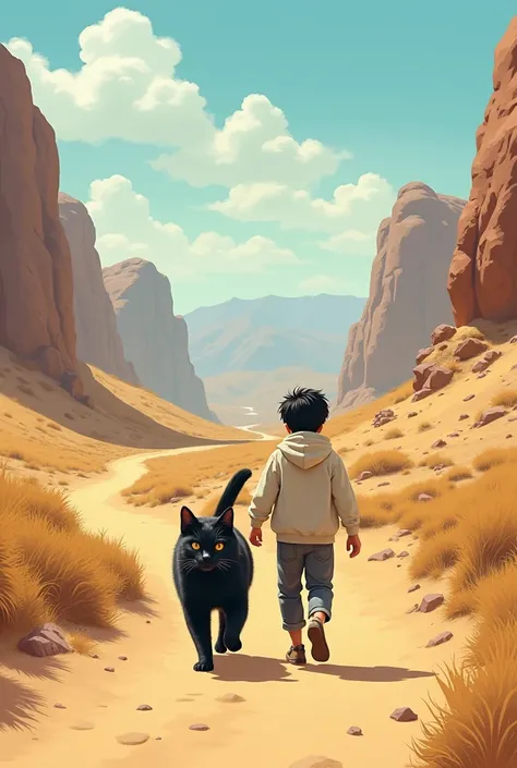 Cwok walks with the dashing and adorable big black cat Berjan on the sand mountain road