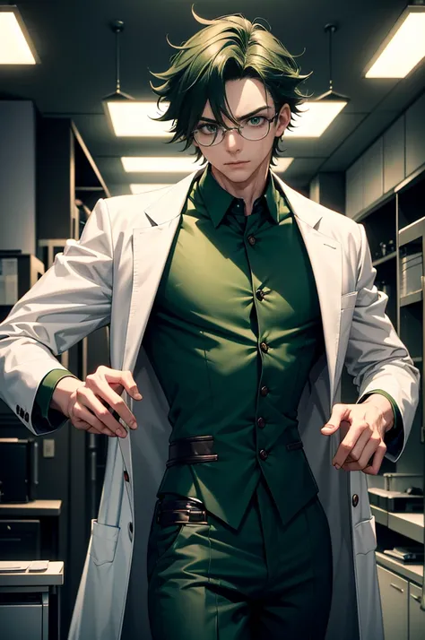 1 man, MALE, MAD SCIENTIST, solo androgynous male, soft delicate features, beautiful, fully clothed in a lab scientist attire, huge penis bulge on pants, half open lab coat, slicked dark green hair, pale, green eyes, glasses, focused expression, in a scary...