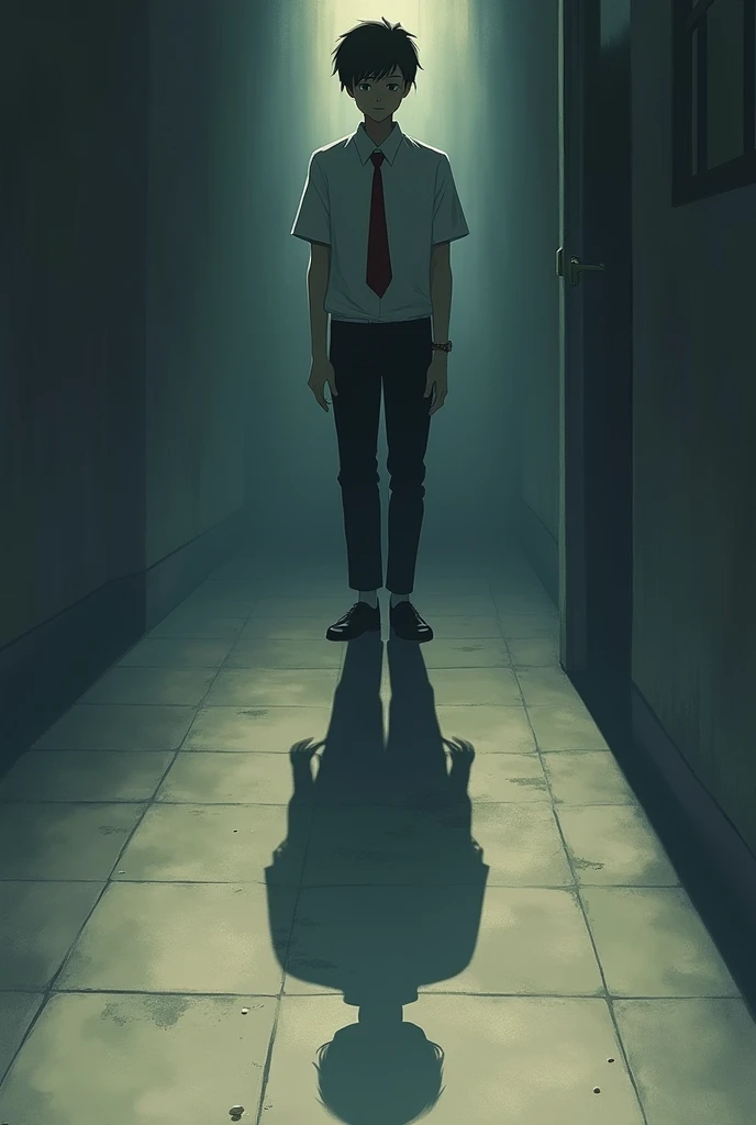  to create a photo suitable for a short story with a caption "shadow the shadow of the past " But use an illustration of a handsome boy in a high school uniform and the shadow of his missing sister