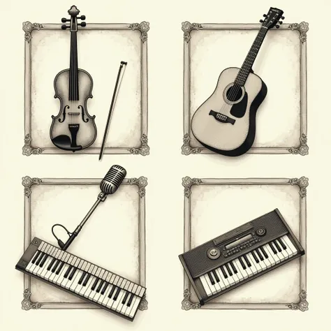 I need 4 frames with a slight separation between them, two on the top and two on the bottom. Inside each frame, there is a musical instrument. The instruments are: violin, guitar, keyboard, and vintage microphone. Only one instrument per frame. The order i...