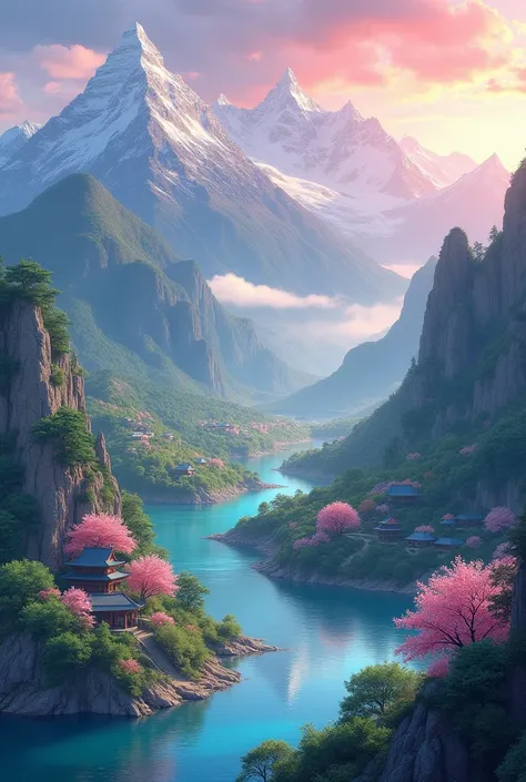 Create a landscape of mountains and lagoons that looks like a magical fantasy forest with pastel colors at sunset and cherry trees and a small village and a temple and lots of weeping willows