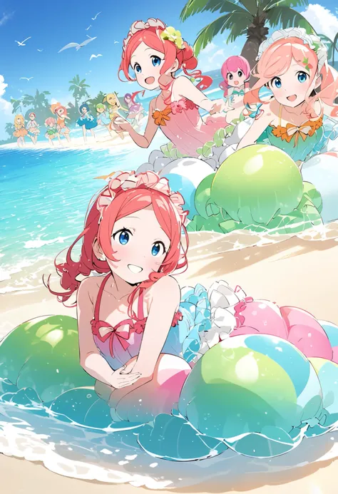 The five quintuplet brides from The Quintessential Quintuplets in colorful swimsuits, lounging on a sunny beach with clear blue skies. Each sister has a unique swimsuit style, all are laughing joyfully. The background features a pristine beach with palm tr...