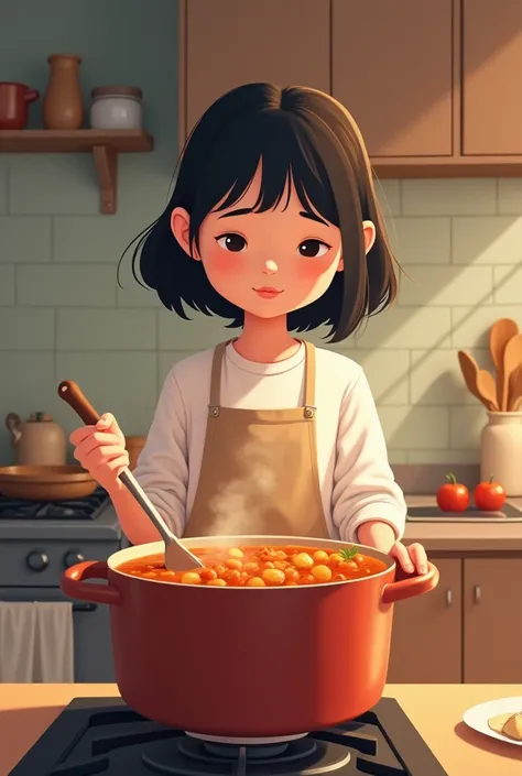 a girl or a woman stirring a of heavy soup in the kitchen, vector animation, square size