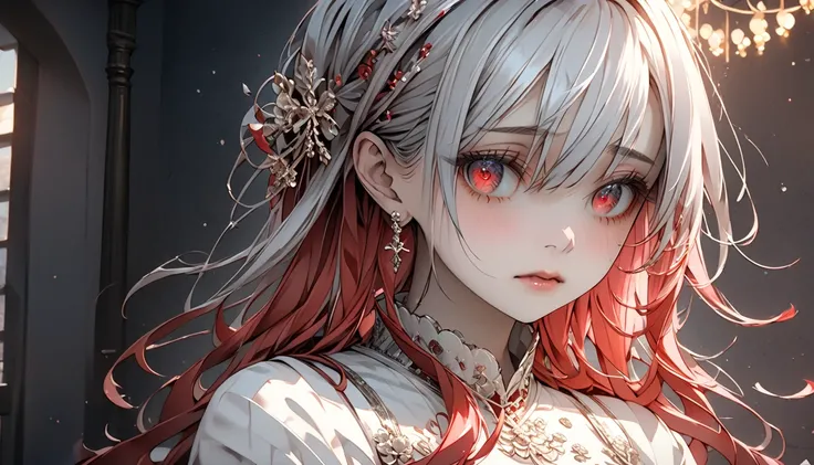 Teenage girl character. The girl has long silver hair and sparkling red eyes. Pale skin, beautifully detailed eyes, sad expression, white sexy one piece dress, (Highly detailed elegant), detailed skin, background of scene in room, adding dramatic and symbo...