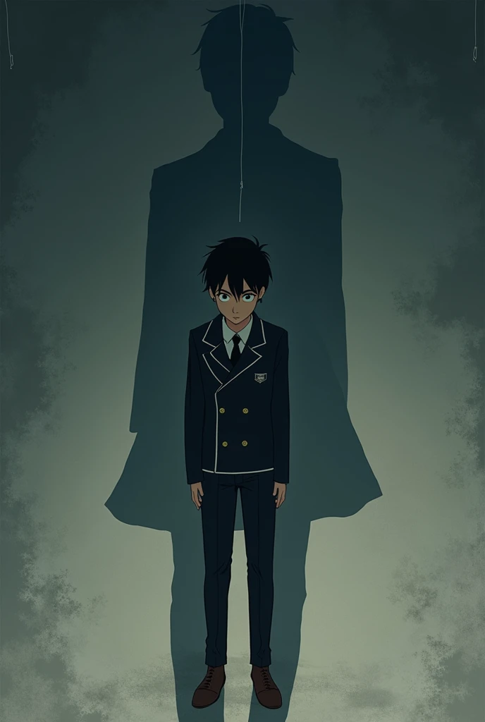  to create a photo suitable for a short story with a caption "shadow the shadow of the past " But use an illustration of a handsome boy in a high school uniform and the shadow of his missing sister