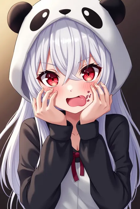 anime girl, tongue out, scar on eye, bright red eyes and white hair,  real、 imaginary、 long hair、 panda 、Im wearing a panda hat、Hands next to face、 provocative poses during sex、