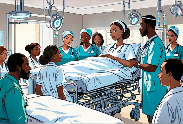   Draw the figure awakening in a hospital bed, eyes wide open with
visible relief. In the background, doctors and nurses are standing around in awe. modern hospital setting, black people. 
 (masterpiece best quality:1.2) delicate illustration ultra-detai...